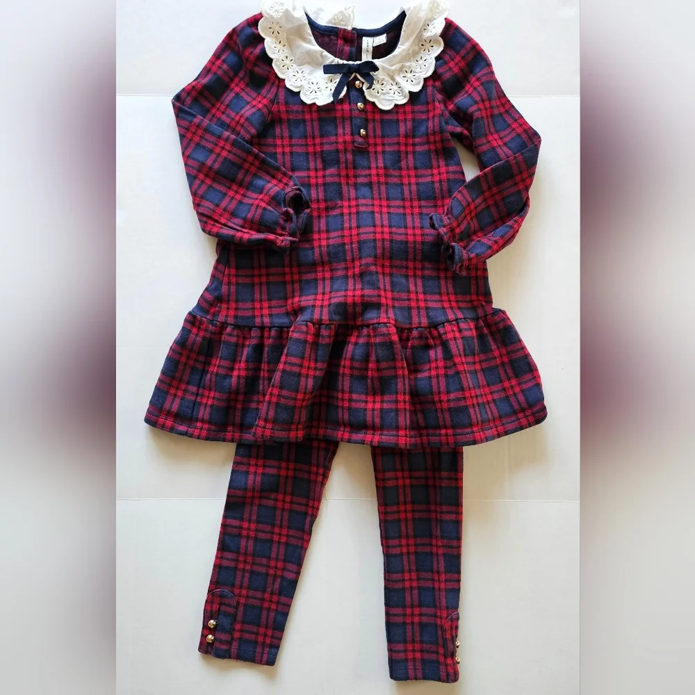 Janie and Jack 2in1 Tartan Plaid Drop Waist Eyelet Dress +Matching Leggings Sz 5